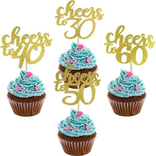 10Pcs Cheers To 30th 40th 50th 60th Glitter Paper Cupcake Topper Adult Birthday Decoration Happy Birthday Dessert Decoration