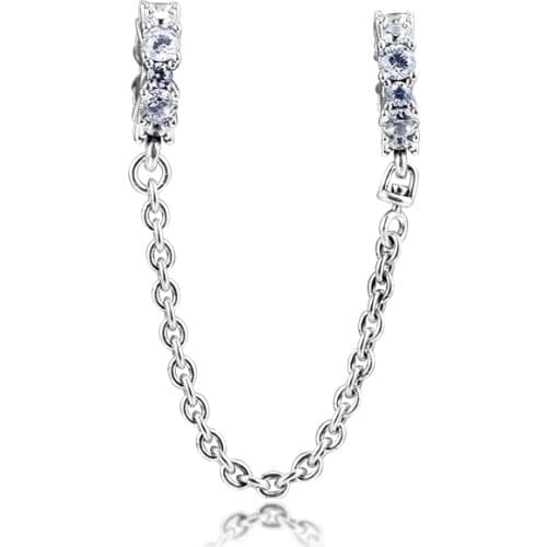 Genuine 925 Sterling Silver Clear Sparkling Safety Chain Fits Pandora Bracelet Silver Charms Beads for Women Jewelry DIY Making