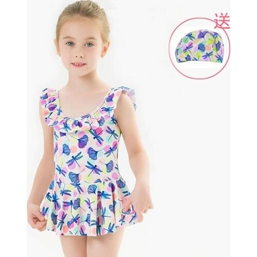 Kids Girls Swimwear One-piece Swimsuit Children Print Ruffle Skirt Bikini 2021 Baby Girl Biquini Swimming Suit with Swim Cap