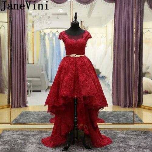 JaneVini Elegant Lace Long Burgundy Bridesmaid Dresses Scoop Neck Cap Sleeves Gold Sashes Backless High Low Formal Prom Gowns