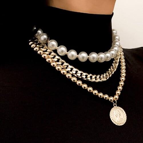 Multilayer Simple Imitation Pearl Handmade Beaded Clavicle Necklace Ladies Carved Coin Pendant Necklaces Girl Party Jewelry