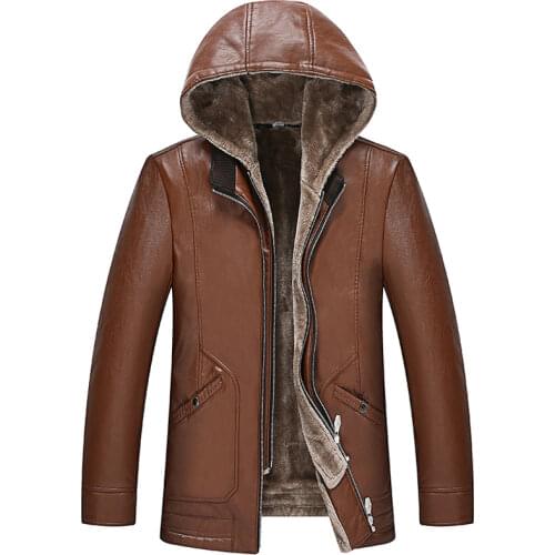 Winter Fall Fashion Men Thick Warm Fleece Black Brown Pu Leather Jacket With Hood , Male Mens 4xl Hooded Patchwork Jackets Coats