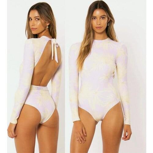 2020Fresh Tropic Palm Tree Print One Piece Long Sleeve All-over Plant Lilac Swimsuit Girls Lavender Backless Surfing/Diving Suit