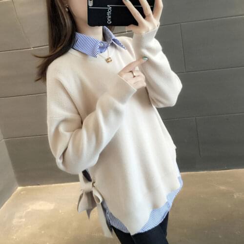 Shirt fake two-piece sweater ladies spring and autumn fashion new Korean loose solid color long-sleeved knitted top