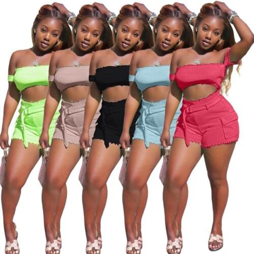 2021 Sexy Women 2 Piece Set Off Shoulder Crop Top and Shorts Bodycon Outfits Summer Slim Party Club Clothing Tracksuits
