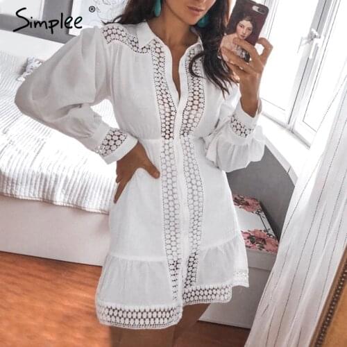 Simplee Elegant cotton lace women dress Long lantern sleeve ruffle A-line white short dress Hollow out party winter dresses 2019