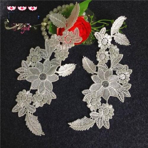 YACKALASI 5 Pairs/Lot 3D Floral Appliqued Mirror pair Bridal Lace Patches dairy white wedding dress Ivory 23CM*11CM