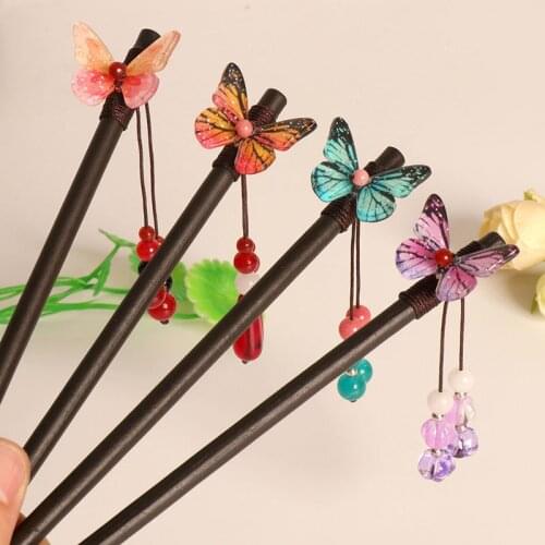 Chinese Style Hair Sticks Vintage Wooden Hairpin With Butterfly Tassel Decorative Headwear For Women Hair Pins Accessories