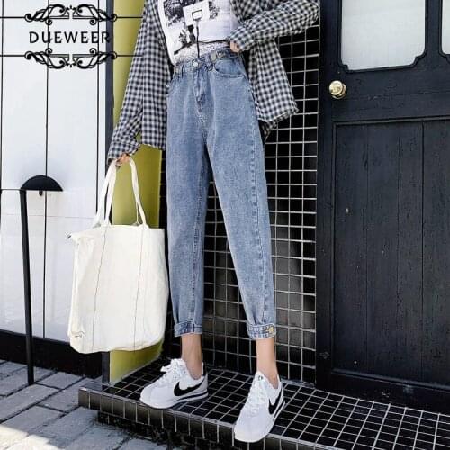 Dueweer Women Harem Jeans Ankle-length Trousers High Waist Buttons All-match Casual Fit Streetwear Trendy
