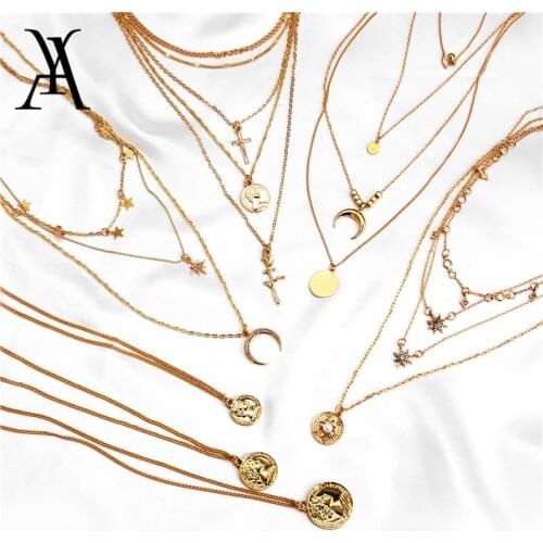 Bohemian Gold Color Star Moon Layered Necklace for Women Vintage Geometric Portrait Coin Pendant Long Necklace Choker Collares