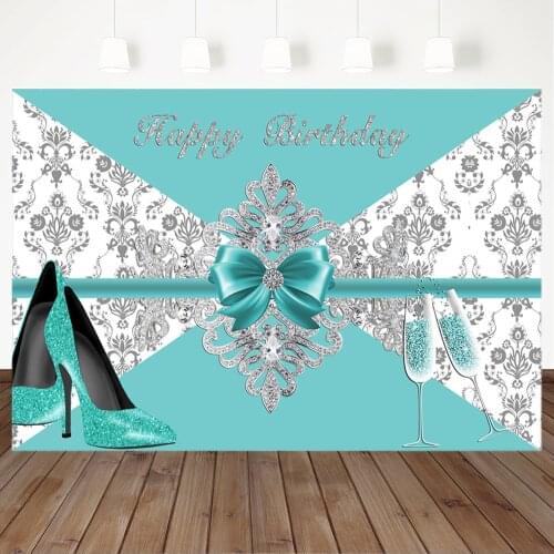 Turquoise Birthday Backdrop High Heels Breakfast Background Vinyl Turquoise Birthday Party Backdrops