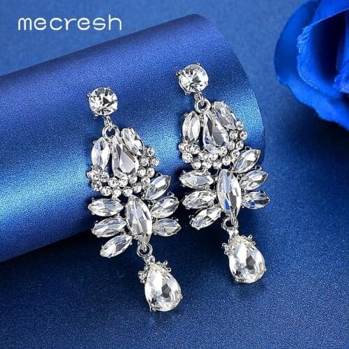 Mecresh Statement Chandelier Big Bridal Wedding Earrings Silver Color Top Crystal Leaf Flower Drop Earrings for Women MEH1630