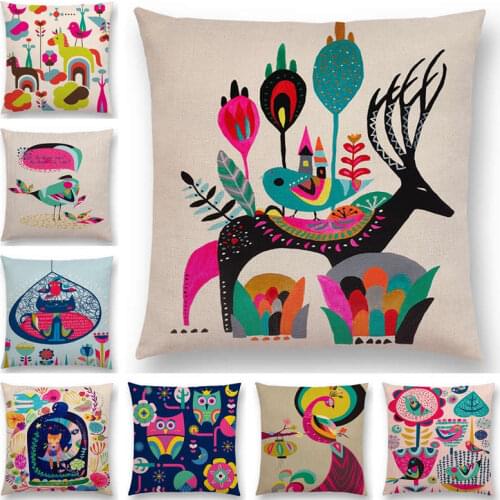 Cartoon Sofa Throw Pillow Case Colorful Animals Bird Cat Deer Peacock Owl Flowers Song Cushion Cover
