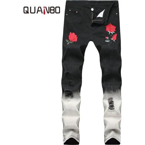 QUANBO Mens Embroidery Rose Distressed Jeans Autumn Winter Fashion Hold Ripped Black Streetwear Men Jeans Plus Size 38 40