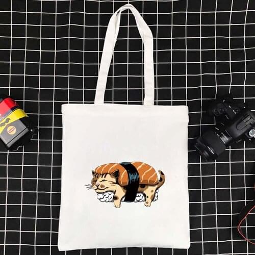 Effortless Canvas Bag Large Tote Shoulder Bag Folding Ecobag Supermarket Shopping Bag Japanese Cat School Travel Ladies Bag