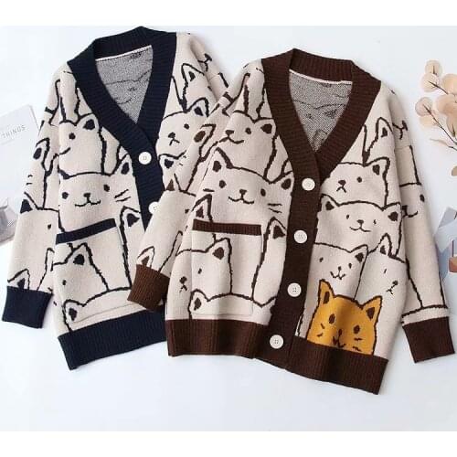 Harajuku Kawaii Cartoon V Neck Cardigan Women Cute Cat Vintage Knitted Sweater Female Retro Fashion Long Sleeve Knitwear Coat