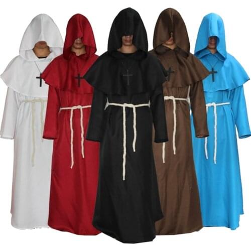 Halloween Costume Medieval Monk Priest Friar Hooded Robe Cape Plague Doctor Wizard Cosplay Men Black Cloak Steampunk Costumes