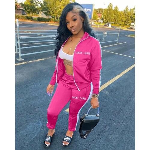 Lucky Label 2 Two Piece Set Women Tracksuit Zip Jacket Sweatshirt Side Stripe Pants Sweatsuits Sport Loungewear Outfits New
