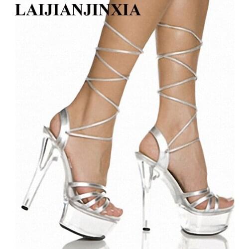 LAIJIANJINXIA New 15cm high-heeled shoes sexy platform thin heels womens shoes 6 inch summer cross strap sandals crystal shoes