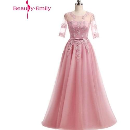 Fashion Evening Dresses Long Simple A-Line O Neck Half Sleeve Tulle Elegant Formal Party Dress with Appliques 8 Colors Available