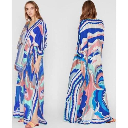 New Middle East Loose Size V-Collar Fashion Printed Elastic Knitted Leisure silk jersey Dresses