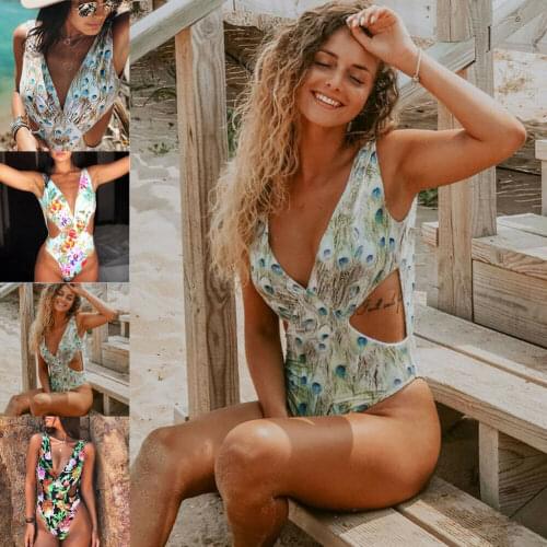 New Style Womens One-Piece Swimsuit Bandage Push-up Padded Bra Bathing Deep V Neck Swimwear Print Hollow Out Fashion Hot 2019