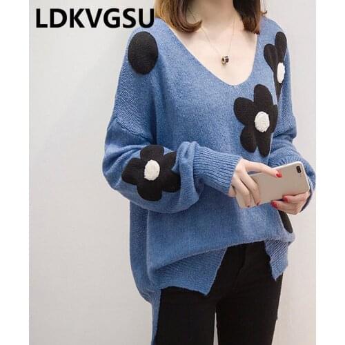 2020 Autumn Women Sweaters And Pullovers Sweet Thin Flower Patch V-Neck Long Sleeve Basic Pullover Female Casual Jumper Is1474