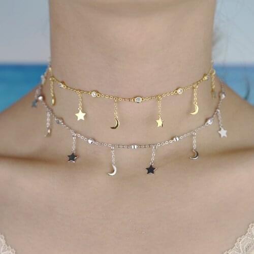 Fashion Silver Color Choker Necklace for Women Short Slippy Star Moon Pendant Chain Necklace &Pendants Collar Gargantilha Gifts