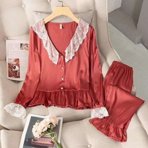 HotJULYS SONG Satin Silk Pajamas Set Spring Summer Female Pajamas Sleepwear Casual Long-sleeved Trousers Elegant Women Homewear