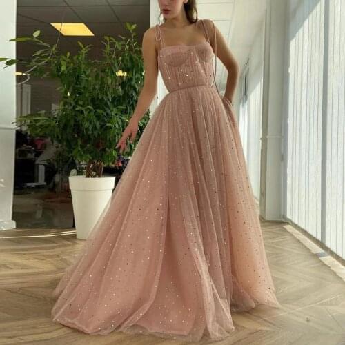 Dusty Pink Evening Dresses Long Sweetheart Spaghetti Straps A-Line Sparkly Tulle Formal Prom Gowns Vestido De Fiesta De Boda