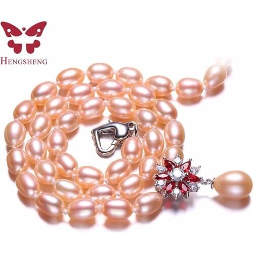 Real Natural Pink Pearl Jewelry Necklace,925 Sterling Silver Women Necklace,Red/White Flower Zircon Pendant,Fine Beads Jewelry