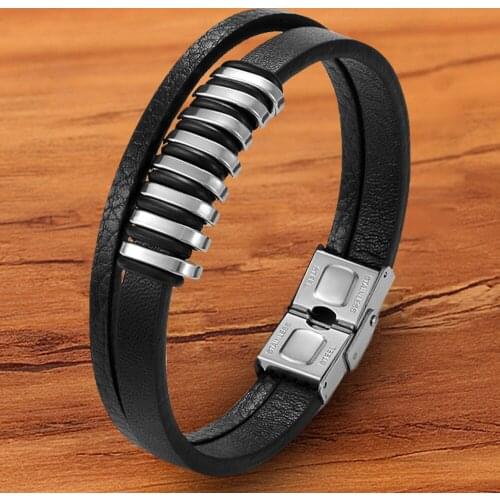 Luxury Hand Accessories Punk Charm Jewelry Black Genuine Leather Men Bracelet Magnetic Rope Wholesale braided Stainless Steel