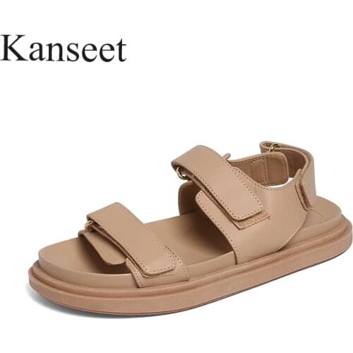 Kanseet Sandals Shoes Women Summer Fashion Flat Platform Low Heel Sandals Square Toe Genuine Leather Shoes Flat Ladies Footwear