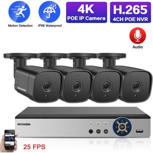 CCTV Camera Security System Outdoor Kit 4K POE NVR Kit 4CH 25FPS Audio Black IP Camera Video Surveillance System Set 8MP XMEYE