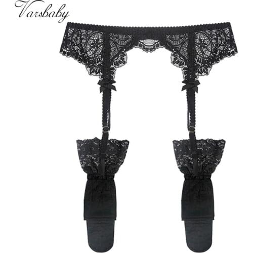 Varsbaby lace garter transparent ultra-thin underwear bow intimates garter +stockings 2 pcs for ladies
