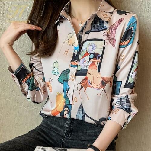 H Han Queen New Print Autumn Work Female Blusa Turn-down Collar Simple Chiffon Shirt Occupation Tops Korean Casual Blouse Women