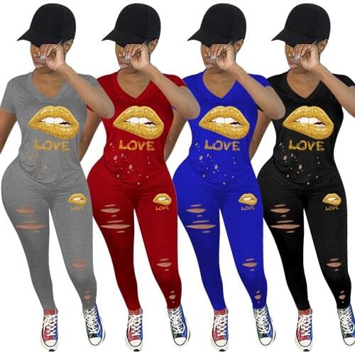 CM.YAYA Women Sets Summer Tracksuits Love Lips Print Sportswear Tee Tops Hole Jogger Pants Suit Two Piece Set Street 2Pcs Outfit