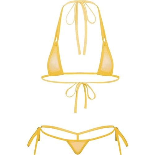 Womens Lingerie Bikini Suit See-through Sexy Micro Triangle Mesh Swimwear Set Strappy Halter Neck Bras Tops T-Back Thong Briefs