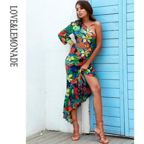 LOVE&LEMONADE Sexy Slack Shoulder Waist Cut Out Ruffled Puff Sleeve Summer Leaf Print Beach Midi Dress LM82998-A