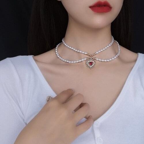 2021 New French Vintage Double Layers Imitation Pearls Red Heart Choker Pearl Necklace for Women Party Jewellery Gifts
