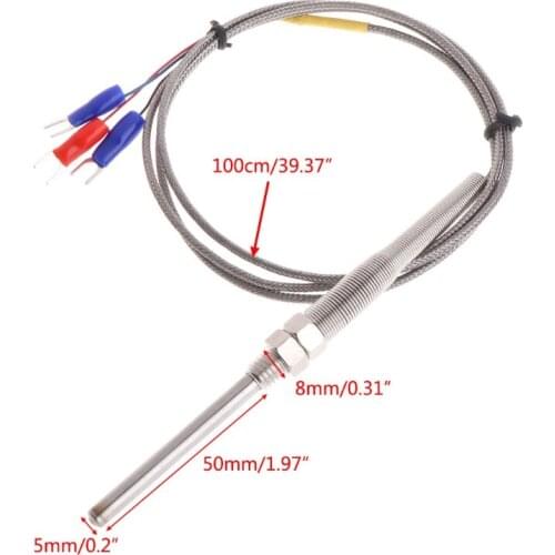 1M PT100 Thermocouple Probe 5mm x 50mm 3-Wire M8 Thread 3.3Ft Temperature Sensor