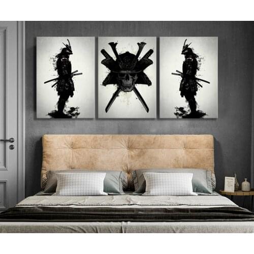 3 Panels Japanese Style Ink Art Warrior Skull Picture Oil Paintings Wall Art Bedroom Wall Decor Paintings Home Decor