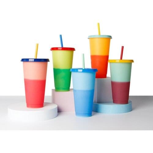 5Pcs/Set Coffee Thermochromic Cup Eco-friendly Heat Resistant Plastic Color Changing Cup With Straw for Travle