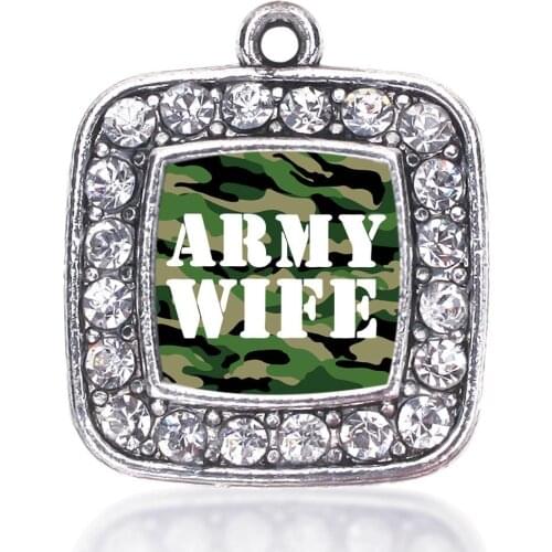 ARMY WIFE SQUARE CHARM ANTIQUE SILVER PLATED CRYSTAL JEWELRY