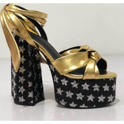 Bling Sequins Stars Platform Cow Suede Leather Bowtie Back Lace Up Sandals Floral Chunky Heels Gladiator Mujer Zapatos Shoes