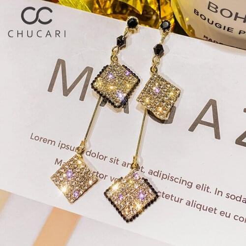 CHUCARI Hot Fashion Personality S925 Silver Double Square Earrings full of Crystal Long Earrings Party Jewelry Women Gift