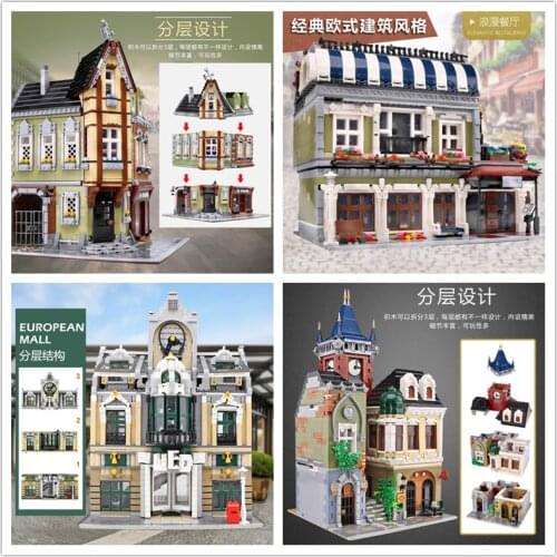 MOC City Street View Corner Mall Romantic restaurant Old pub European Mall Joker Park Model Building Blocks Bricks Kid Toys Gift
