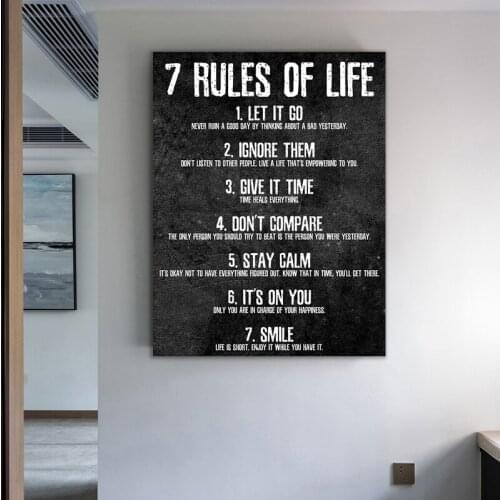 7 RULES OF LIFE Black and White Canvas Painting Europen Style Motivational Posters and Prints on the Wall Quadro Home Decor Art