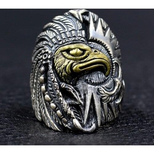 New Ethnic style Thai silver vintage eagle head chief real s925 sterling silver wide version ring male sun totem eagle men ring