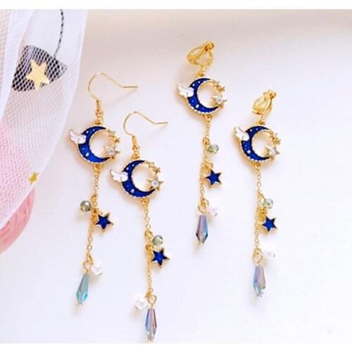 2021 New Korean Creative Clip on Earrings Cute Blue Universe Moon Star Asymmetric Long Tassel for Girl Women Without Piercing
